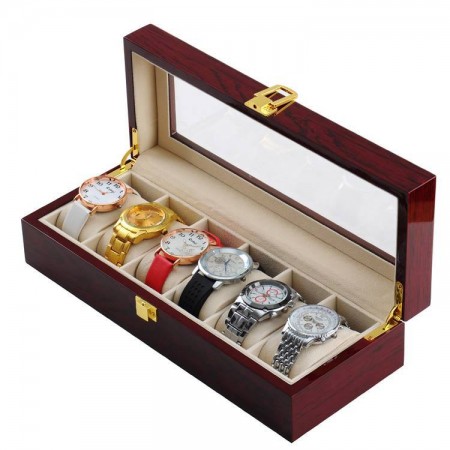 6 Slot Wooden Watch Box with Glass